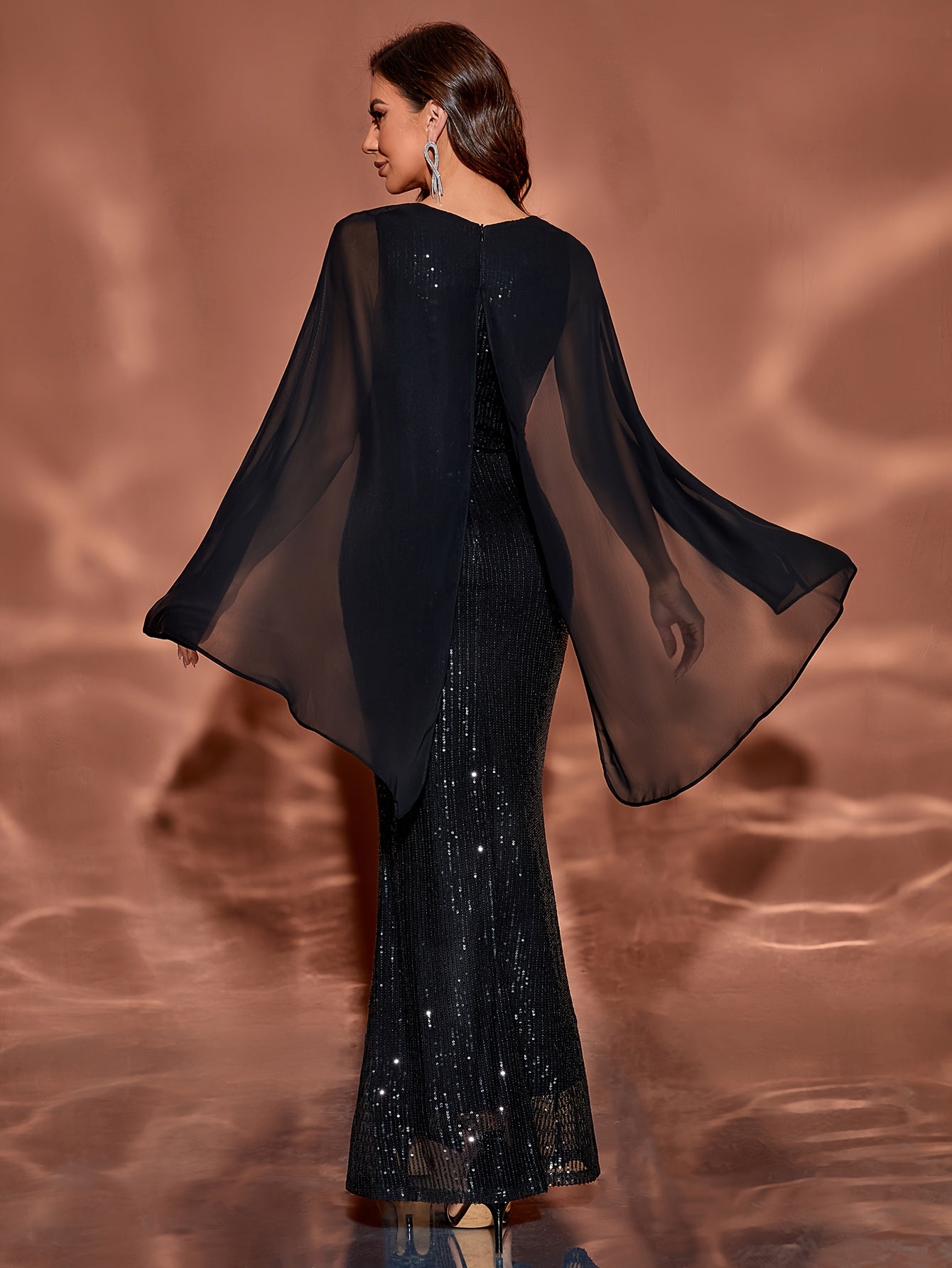 Elegant Sequin Mermaid Bridesmaid Dress | Women'S Bodycon Chiffon Cape Sleeve Gown | Black with Contrast Sequins | Long Flowing Flared Hem | Perfect for Weddings & Formal Events, Formal Evening Wear | Sophisticated Style | Se